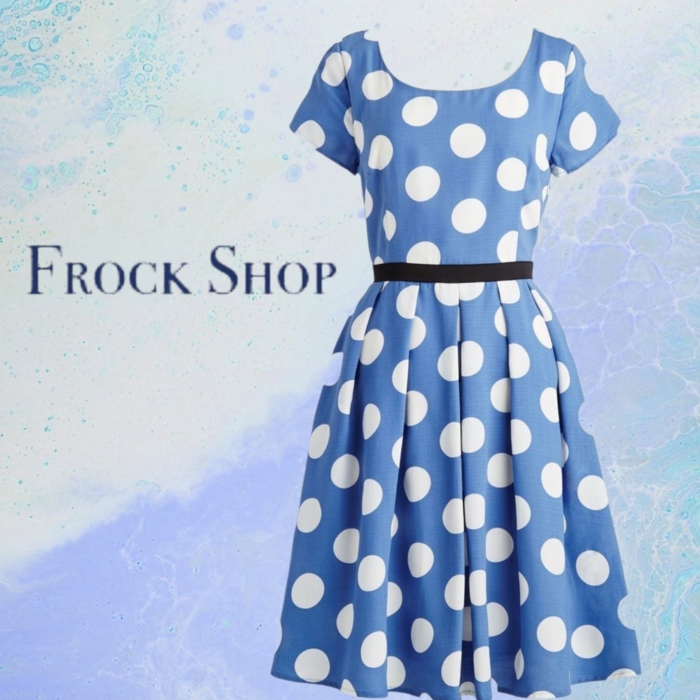 Frock Shop Womens Polka Dot Retro Fit and Flare Dress Blue Large FS16126